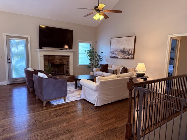 410 Spring Lake Hls, Canton, GA 30114 - living area featuring a stone fireplace, high vaulted ceiling, wood finished floors, and ceiling fan