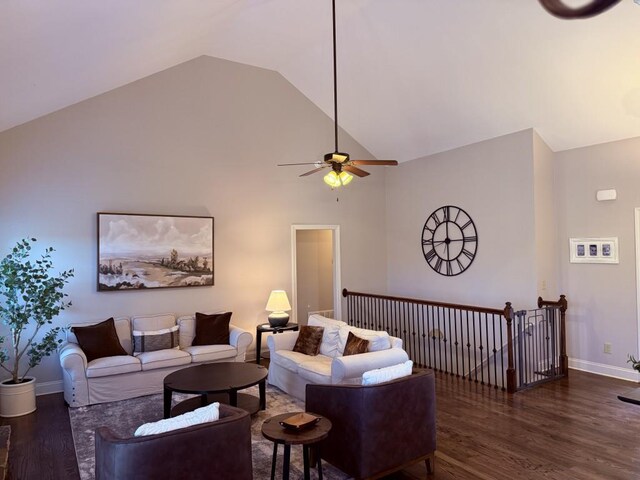 410 Spring Lake Hls, Canton, GA 30114 - living area featuring a ceiling fan, high vaulted ceiling, baseboards, and wood finished floors