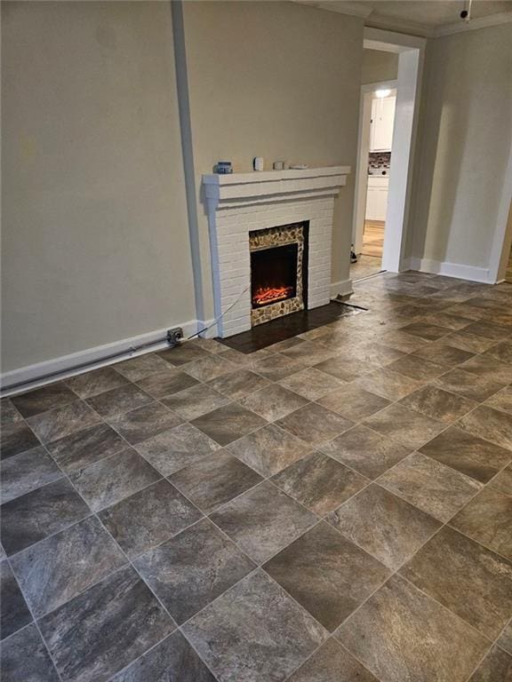 unfurnished living room with a brick fireplace