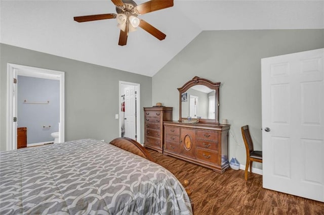 1164 Otis Dr, Bethlehem, GA 30620 - bedroom with vaulted ceiling, wood finished floors, ceiling fan, and ensuite bath