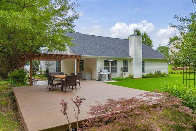 1164 Otis Dr, Bethlehem, GA 30620 - rear view of house with a pergola, a yard, outdoor dining area, a shingled roof, and a chimney