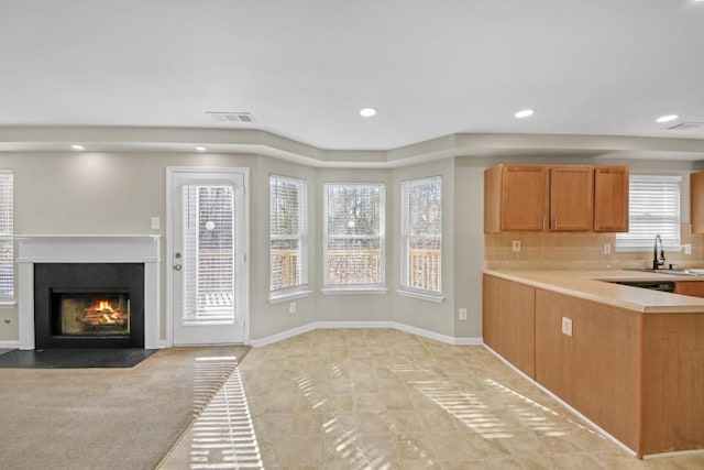 kitchen featuring sink, light carpet, and decorative backsplash