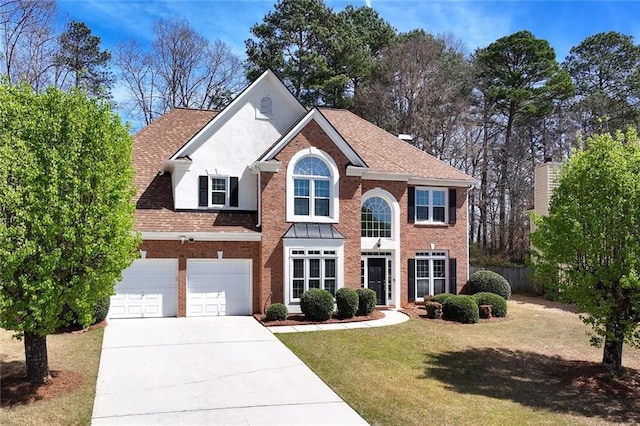 colonial home featuring brick siding, a front lawn, roof with shingles, and driveway