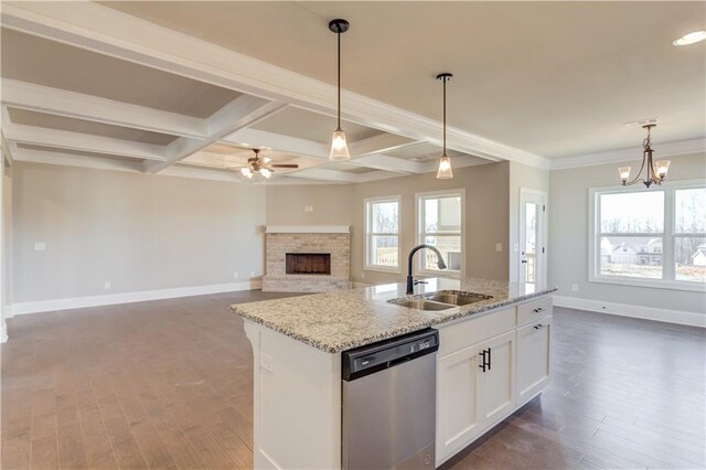 kitchen featuring a center island with sink, dishwasher, dark hardwood / wood-style floors, white cabinetry, and sink