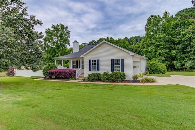 212 Monte Ln, Jefferson, GA 30549 - ranch-style house with a chimney, driveway, covered porch, and an attached garage