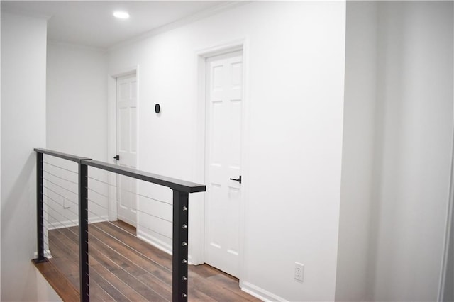 hallway with crown molding and dark hardwood / wood-style floors