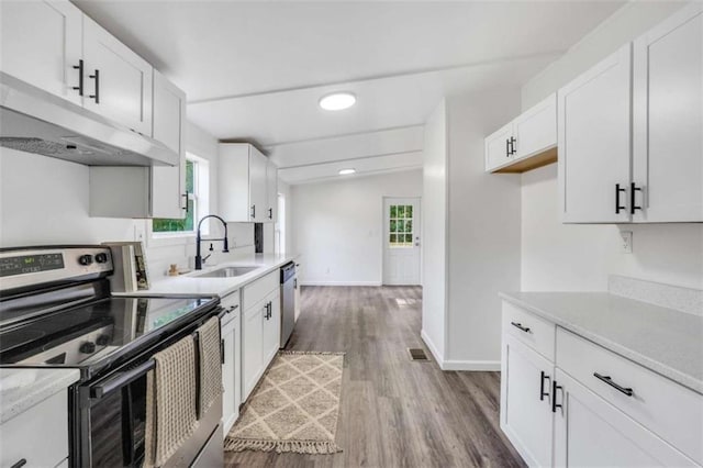 118 Buck Creek Cir, Griffin, GA 30224 - kitchen featuring appliances with stainless steel finishes, under cabinet range hood, wood finished floors, white cabinetry, and recessed lighting