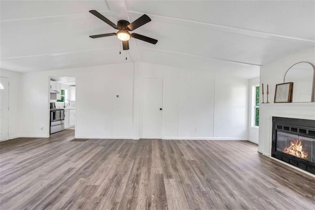 118 Buck Creek Cir, Griffin, GA 30224 - unfurnished living room featuring wood finished floors, ceiling fan, a glass covered fireplace, and lofted ceiling