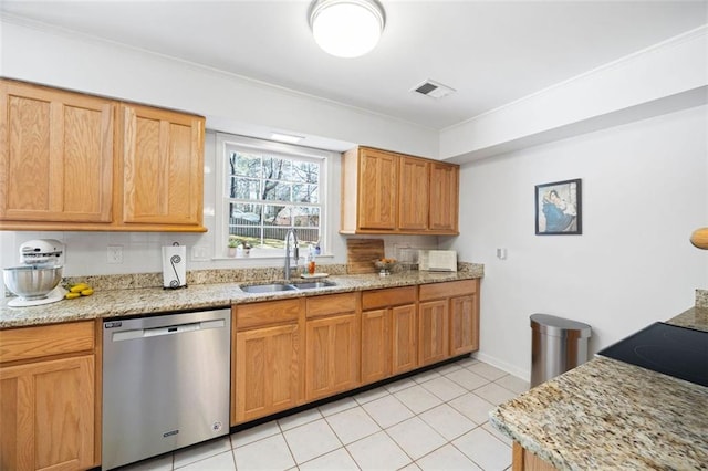 kitchen featuring light stone counters, visible vents, a sink, dishwasher, and crown molding