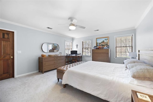 bedroom featuring visible vents, ceiling fan, baseboards, ornamental molding, and carpet flooring