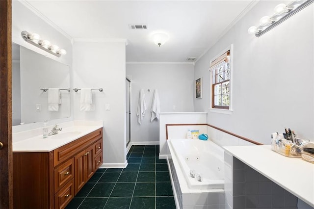 full bath featuring tile patterned floors, visible vents, ornamental molding, a shower stall, and vanity