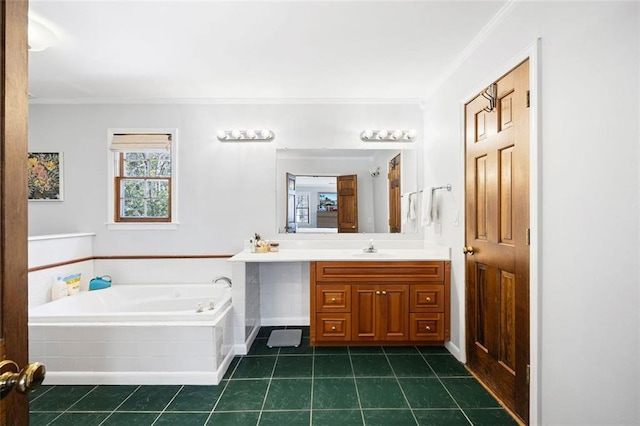 bathroom featuring a garden tub, ornamental molding, vanity, and tile patterned flooring