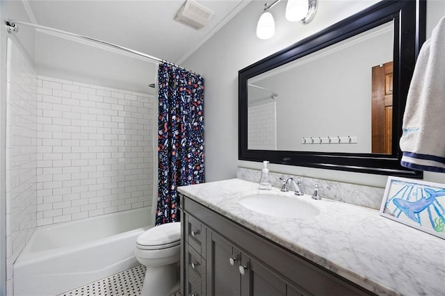 bathroom featuring visible vents, toilet, ornamental molding, shower / bath combination with curtain, and vanity