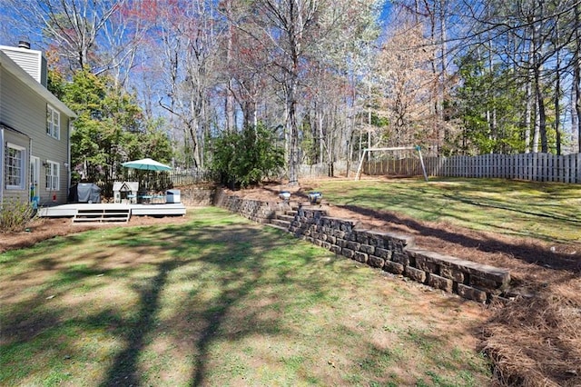 view of yard with a deck and a fenced backyard