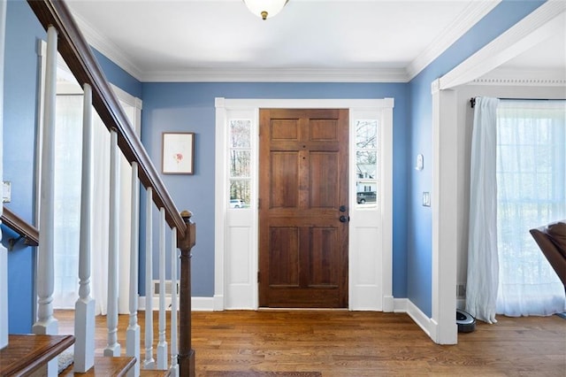 entrance foyer featuring baseboards, wood finished floors, and ornamental molding