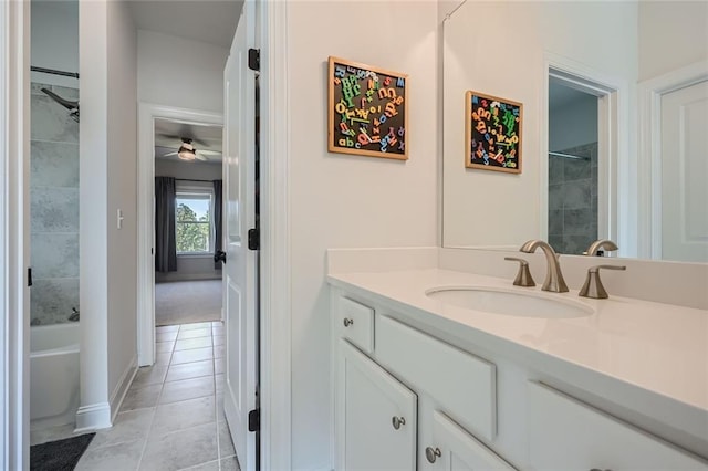 6168 Sweet Birch Ct, Acworth, GA 30101 - bathroom with vanity, ceiling fan, tile patterned flooring, and tub / shower combination