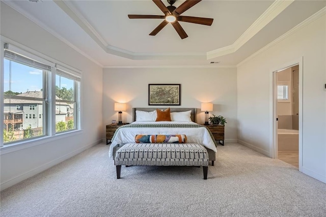 6168 Sweet Birch Ct, Acworth, GA 30101 - bedroom with a raised ceiling, light colored carpet, ornamental molding, and ceiling fan