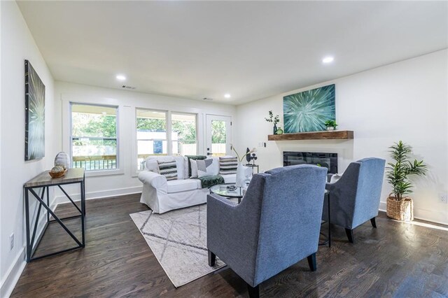 living room with dark hardwood / wood-style floors