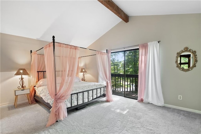 bedroom featuring lofted ceiling with beams, carpet floors, and access to outside