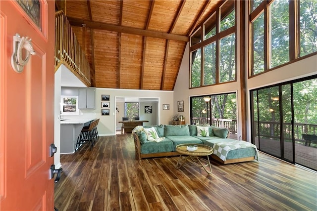 living room with dark wood-type flooring, wood ceiling, high vaulted ceiling, plenty of natural light, and beam ceiling