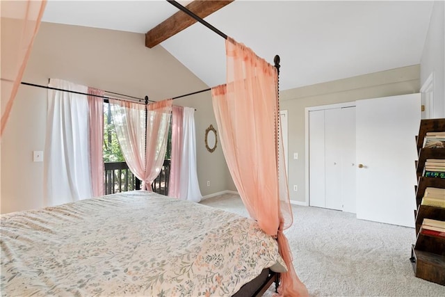 bedroom with a closet, access to outside, light carpet, and vaulted ceiling with beams