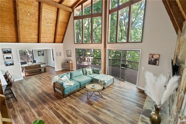 living room featuring beam ceiling, hardwood / wood-style flooring, high vaulted ceiling, and wooden ceiling