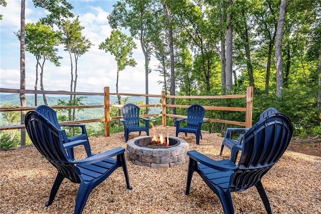 view of patio / terrace featuring a water view and a fire pit