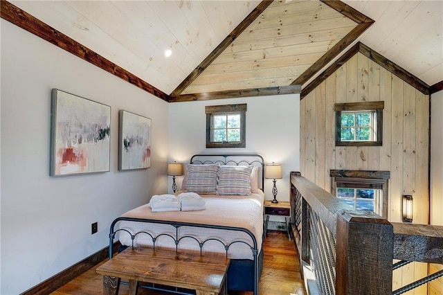 bedroom featuring vaulted ceiling, wood ceiling, and dark hardwood / wood-style flooring