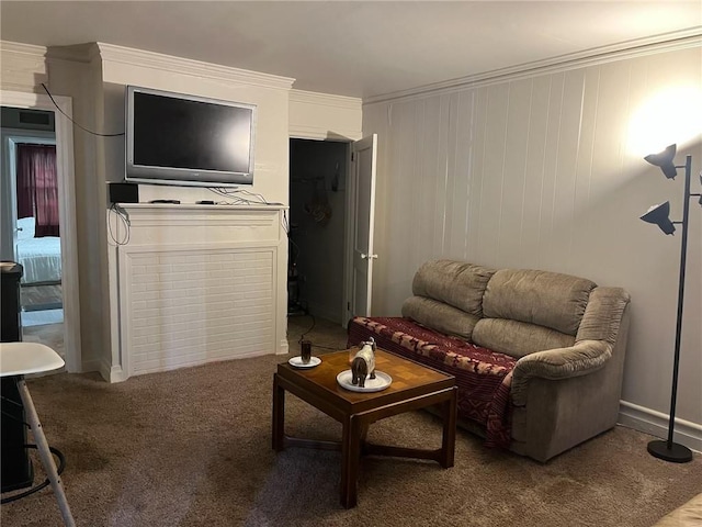 living room featuring ornamental molding and carpet floors