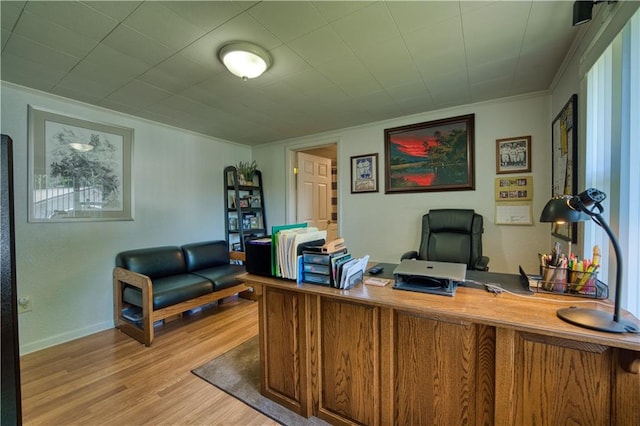 office area featuring ornamental molding and hardwood / wood-style floors