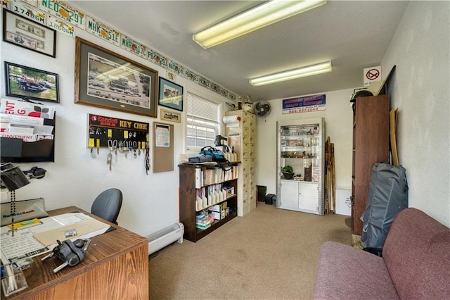 office featuring baseboard heating and carpet