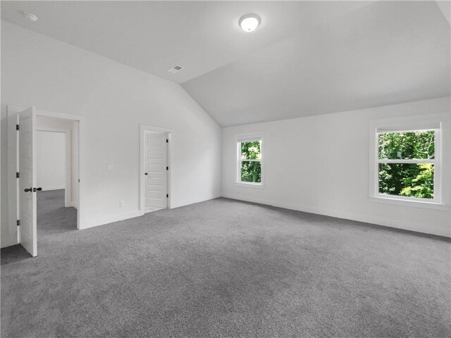 interior space with carpet floors, lofted ceiling, and visible vents