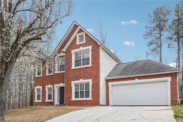 view of front facade featuring brick siding, concrete driveway, an attached garage, and a shingled roof