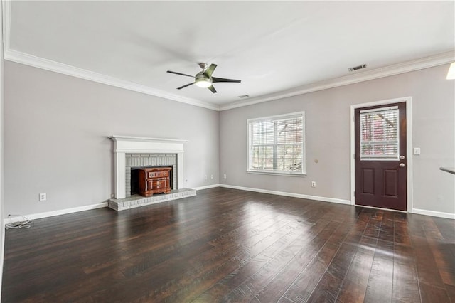 unfurnished living room with visible vents, baseboards, ornamental molding, hardwood / wood-style flooring, and a ceiling fan