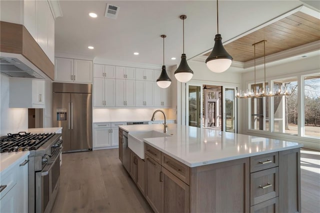 kitchen with sink, hanging light fixtures, high quality appliances, white cabinets, and a large island with sink