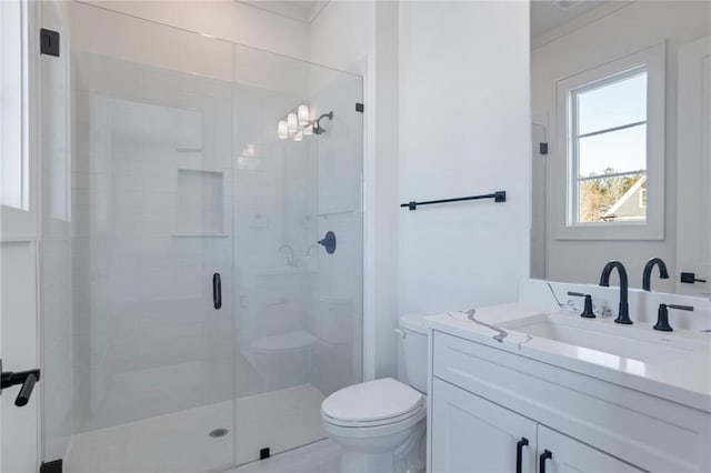 bathroom with vanity, toilet, and a shower with shower door