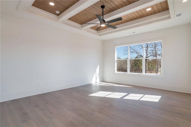 spare room with hardwood / wood-style flooring, a raised ceiling, wooden ceiling, and beam ceiling