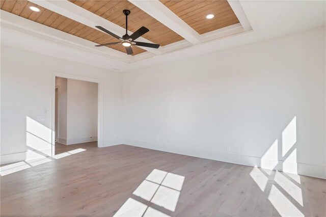 empty room with beam ceiling, wood ceiling, light hardwood / wood-style floors, and ceiling fan