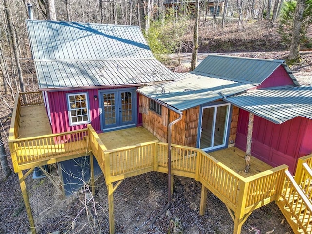 159 Rather Hill Trl, Clarkesville, GA 30523 - back of house featuring french doors, a wooden deck, stairway, metal roof, and board and batten siding