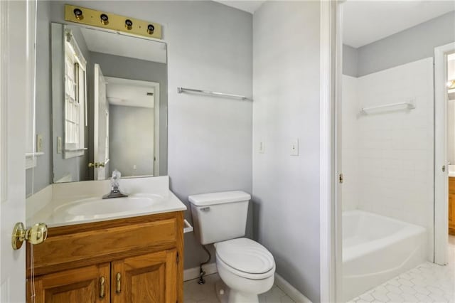 full bathroom featuring tile patterned floors, vanity, shower / bathtub combination, and toilet