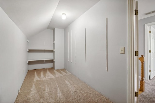 spacious closet with light colored carpet and vaulted ceiling
