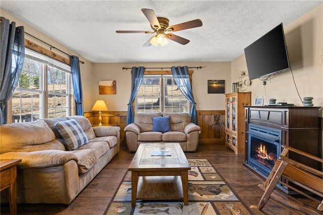 living room with dark hardwood / wood-style flooring, ceiling fan, and a textured ceiling