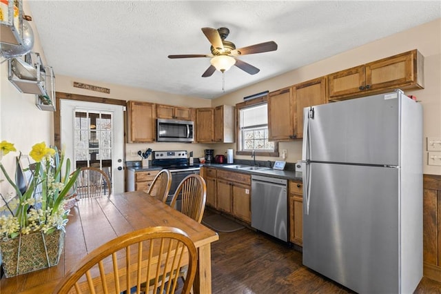 kitchen featuring dark wood-type flooring, ceiling fan, stainless steel appliances, and sink