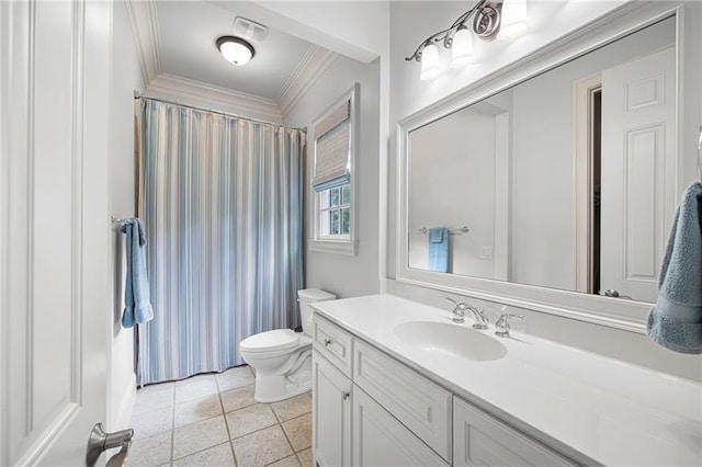 bathroom with ornamental molding, toilet, walk in shower, tile patterned floors, and vanity