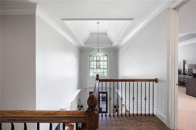 stairway with ornamental molding and a raised ceiling