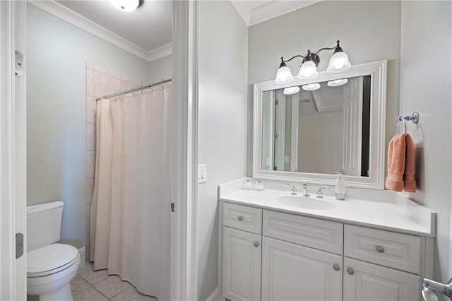 bathroom with toilet, crown molding, vanity, tile patterned floors, and curtained shower