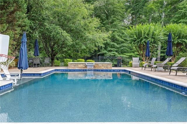 view of pool featuring a patio and pool water feature