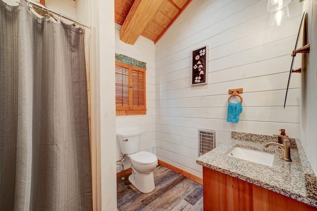 369 Trillium Rd, Suches, GA 30572 - full bathroom with toilet, wood finished floors, vanity, wooden ceiling, and wood walls