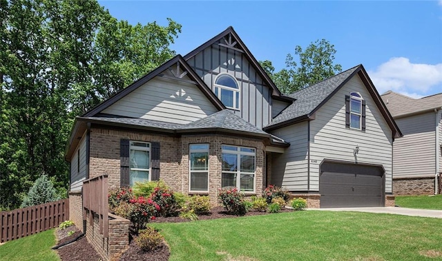 view of front facade featuring board and batten siding, an attached garage, concrete driveway, roof with shingles, and brick siding