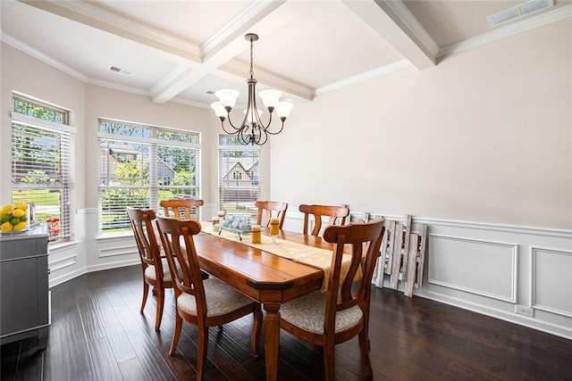 dining area with beamed ceiling, a chandelier, dark wood-style flooring, ornamental molding, and wainscoting